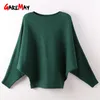 Winter Batwing Pullover Weibliche Fledermaus Jersey Übergroße Frauen Oversize Slash Neck Herbst Gestrickte S Damen Grün 210428