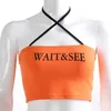 Women Summer Ins Super Nine-Point Orange Blouse SleevelLetter Printing Spaghetti Cross Halter Neck Strap Halter Short Vest X0507