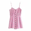 Été Élastique Camisole Courte Combinaison Femmes Dos Nu Rose Plaid Barboteuses Casual Streetwear Poches Dames Doux Vêtements 210531