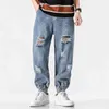 IEFB men's spring summer work clothes with holes paint washed jeans zipper loose causal denim trousers 210524