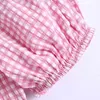 Zomer vrouwen vierkante kraag bladerdeeg mouw roze plaid mini jurk vrouwelijke kleding casual dame losse vestido D7562 210430