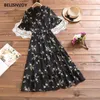 Lato Kwiatowy Drukowane Szyfonowe Długie Sundress Eleganckie Kobiety Flared Krótki Rękaw Party Vestidos V-Neck Ruffles Beach Dress Tuniki 210520