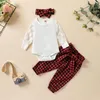 Mignon automne hiver bébé ensembles de vêtements fille hauts et pantalons costume frais maille à manches longues en coton côtelé barboteuse + pantalon long à carreaux avec bandeau