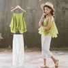 Verão crianças meninas outfits jogador conjunto crianças chiffon suspensórios tops e branco calças soltas adolescentes coreanos de duas peças roupas 210622