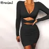 Long Sleeve Woman Dress Autumn Ruched Hollow Out V Neck Female Mini Sexy Backless Party Club Bodycon Vestidos Mujer 210513