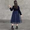 Abiti da ragazza Abito per ragazza adolescente Autunno inverno Manica lunga con paillettes Principessa Elegante patchwork blu Midi Bambini per 6-16 anni