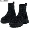 Rasmeup Damskie Buty Springowe Rhinestone Kobiety Platformy Boot 2020 Moda Rozciąganie Ciepłe Grube Sole Panie Chunky Buty Duży Rozmiar Y0910