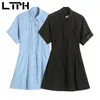 vintage short sleeve shirt dress women high waist double pockets solid single breasted elegant mini dresses Summer 210427