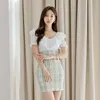 White Plaid Dress for women Summer Bubble Ruffle Sleeve Deep V neck Korea sundress Sexy Ladies Office Bodycon Dresses 210602