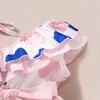 Runda tryck Bow Dress Set Baby Girl Toddler Dot Alf Axelklänningar Ruffled Lace Hair Band Barn Outwear 20220302 Q2