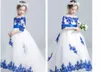 2022 Off Shoulder Half Sleeves Flower Girl Dresses Wedding Royal Blue Applique High Low Train First Communion Party Dress Kids