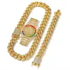 Wristwatches 3 2Pcs Necklace Watch Bracelet Hip Hop Miami Cuban Chain Gold Color Colorful Iced Out Rhinestone Bling Women Men Jewe304Q