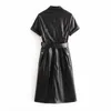 Femmes Streetwear solide en cuir PU robe plissée à manches courtes ceintures genou longueur robes col rabattu poche Vestido 210508