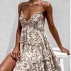 Boho Zomer Floral Print Ruffle Spaghetti A-lijn Drowomen Sexy Ruche V-hals Mini Deliday Strandkleding Jurken Vestidos X0529