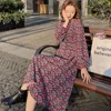 Lente bloem Print O-hals Midi Jurken Koreaanse elegante Mode Slanke Taille Lange Mouw Party Jurk Robe Femme Vestidos 210519