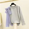 Dames O Neck Mooie Streep Bow Lange Mouwen Patchwork T-shirt Tee Vrouwelijke Pullover Casual Tops Tees A2749 210428