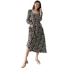 Vintage Hepburn Style Fransk Långärmad Skriv ut En Linje Dress Square Neck Luxury Ladies Spring Dresses Vestidos Femme 210608