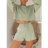 Femmes pull mince costumes deux pièces ensemble de vêtements de détente manches bouffantes hauts et shorts ensemble décontracté Streetwear X0428