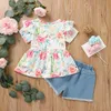 Bebê Floral Roupas Conjunto de Verão Meninas de Manga Curta Flor Impressão Topo + Denim Shorts Crianças Roupas M3578