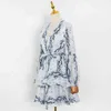 Elegant Hit Color Dress For Women V Neck Puff Long Sleeve High Waist Lace Up Midi Dresses Female Summer Fashion 210520