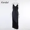 Abito con lacci senza schienale in raso nero Abito estivo da sera per donna Club Maxi Fessura laterale lunga Abiti eleganti femminili 210427