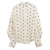 PERHAPS U Women Polka Dot Mandarin Collar Beige Puff Sleeve Full Sleeve Shirt Long Sleeve Korean Top Fall Autumn B0169 210529