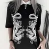 Sommer weibliche Punk Steetwear lose Vintage Drachen Gothic Baumwolle Revers T-Shirts schwarz große Größe Harajuku Kurzarm T-Shirt 210608