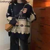Pullovers kvinnor jacquard stickad tecknad film vintage o-hals tröja överdimensionerade lösa tjejer fritid högkvalitativ all-match jumper ins y1110