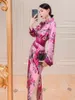 Плюс размер корсет с длинным рукавом MIDI фиолетовые платья женская цветочная уличная одежда ретро печать цветочный старинный пояс 210421