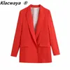 Klacway ZA 여성 블레이저 2021 여름 붉은 린넨 인쇄 커프스 레이디 사무용 정장 코트 빈티지 긴 소매 재킷 캐주얼 여성 탑스 X0721