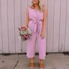 민소매 와이드 다리 핑크 jumpsuits womens rompers Chic Streetwear 버튼 캐주얼 바지 V 목 주머니 210427