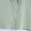 Za Summer Jewel Knapp Kvinnor Blus Kort Puff Sleeve Bow Bundet Vintage Grön Skjorta Kvinna Fashion Ruching Fit Tops 210602