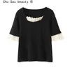Chu Sau beaut Blogger Fashion Vintage Lace T-shirts Women Casual Chic Black Square Collar Summer Short Sleeve Cotton Tees 210508