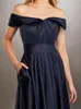 Dark Navy Bridesmaid Dress Satin Strapless Zipper Back Floor Length Wedding Party Gowns with Side Pockets