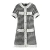 Blanc et noir pied de poule Tweed Mini robe femmes à manches courtes bouton mode fête col rond Chic dames 210603