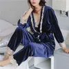 Осень зима теплые пижамы набор женщин спать набор Deep Gold Velvet Sexy Homewewwurewurawwears Pajama наборы длинные брюки халаты ночной образец 211211