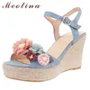 Meotina Sandals Shoes Women Genuine Leather Sandals Wedges Super High Heel Sandals Flower Round Toe Ladies Footwear Summer Blue 210608