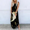 Vestidos Casuais Maxi Maxi Vestido Elegent Verão 2021 Lua e Estrelas Imprimir Sleeveless Bolso Impressão Praia Loose