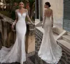 Illusion O Neck Full Sleeves Skirt Mermaid Wedding Dresses Appliqued Crystal Lace sheer back fisthail bridal gowns