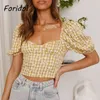 Daisy Print Yellow Blouse Tops Dameskleding Puff Sleeve Leuke Zomer Crop Boho Short 210427