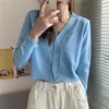 Korean Cute Retro Solid Color Knitwear Women's Winter Autumn Short V-neck Three-Button Long-Sleeved Sweater knit Cardigan 210514