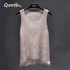 Sommar Glänsande Lurex Sticka Topp Kvinnor Hål Ut Sequined Ärmlös Skjorta Bohemian Slim Casual Bling Camisole Tankar Femme QH1970 210518