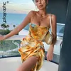 Cryptographique Sans Manches Spaghetti Sangle Mode Floral Imprimer Mini Robes Sexy Robe Dos Nu Club Split Robe D'été Beachwear X0521