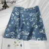 Gaganight denim rok dames hoge taille a-lijn mini wrap rokken vrouwen zomer floral bedrukte blauwe jeans rok fashion Korean 210519