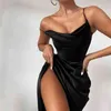 Backless Spaghetti Strap Satin Klänning Kvinnor Ärmlös Solid Korsett Midi Klänningar Elegant Party Club Bodycon Split Long Dress 210719