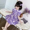 GOOPORSON Летние детские платья для девочек Фиолетовый цветок кружевной воротник с коротким рукавом платье принцессы Vestidos мода детский костюм Q0716