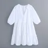 Women Embroidery Splicing White Tiered Ruffle Mini Dress Female V Neck Lantern Sleeve Clothes Casual Lady Loose Vestido D7391 210430