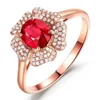 Kvinnor Ringar Crystal Red Diamond Flower Red Zircon Ring Öppna Plated 18K Rose Lady Cluster Styles Band