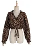 sexy luipaardprint blouse shirt dames crop top lente herfst lange mouwen kantoor tops met veters aan de voorkant 210427