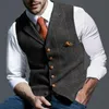 Męskie Kurtki Formalne Przystojny V Neck Buttons Decor Men Kamizelka Vintage Waistcoat Single-Breasted For Business